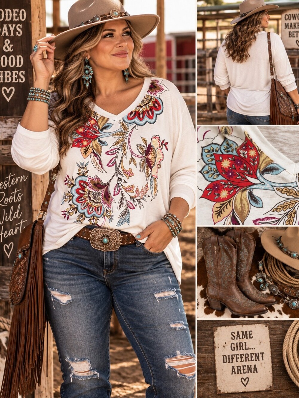 Chico’s Size 4 XXL Floral Pima Cotton V-Neck Top Boho Western